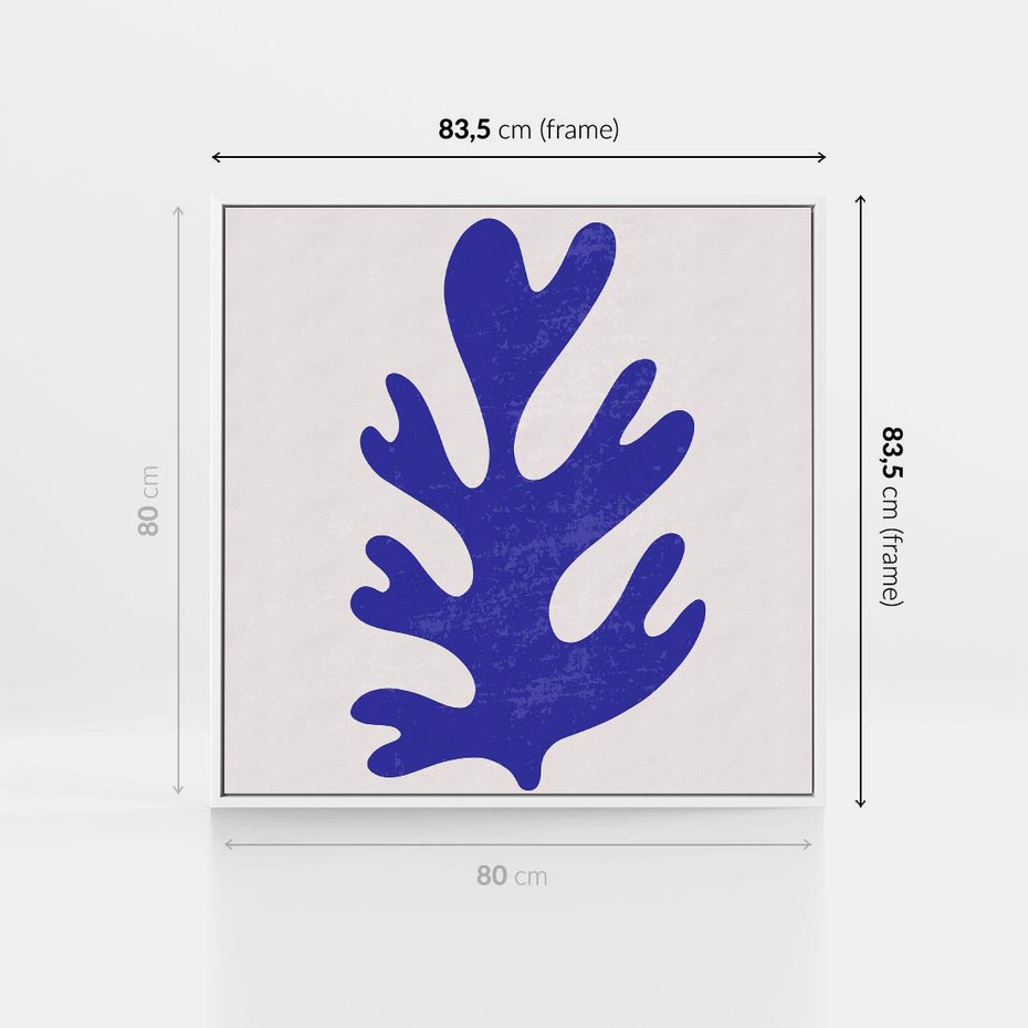 Obraz w ramie 80x80 - Przenikająca Struktura - boho plakat, niebieski liść w intensywnym kolorze - rama biała