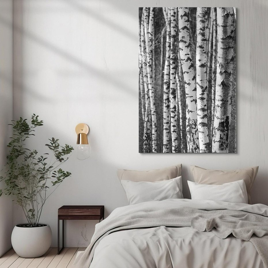 Obraz na płótnie 70x100 - Kontrast Monochromatyczny - brzozy, czarno