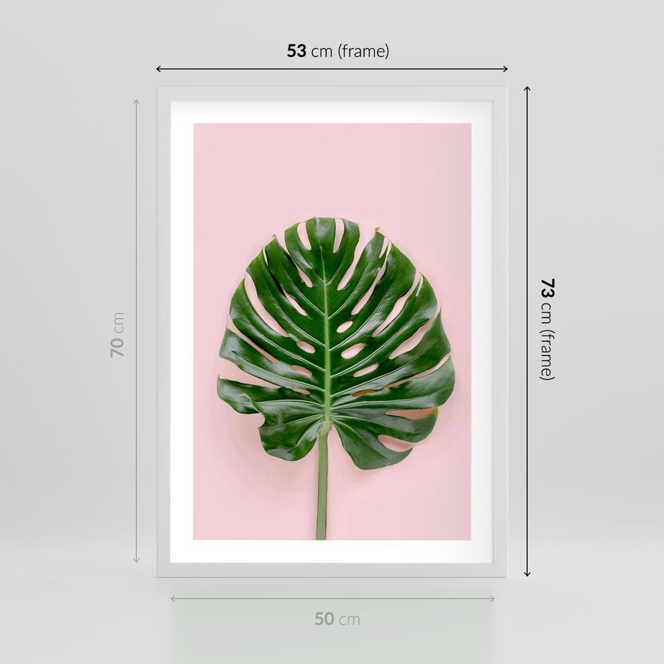 Plakat w ramie 50x70 - Monstera w Różowym Świetle - liść monstery, różowe tło - rama biała