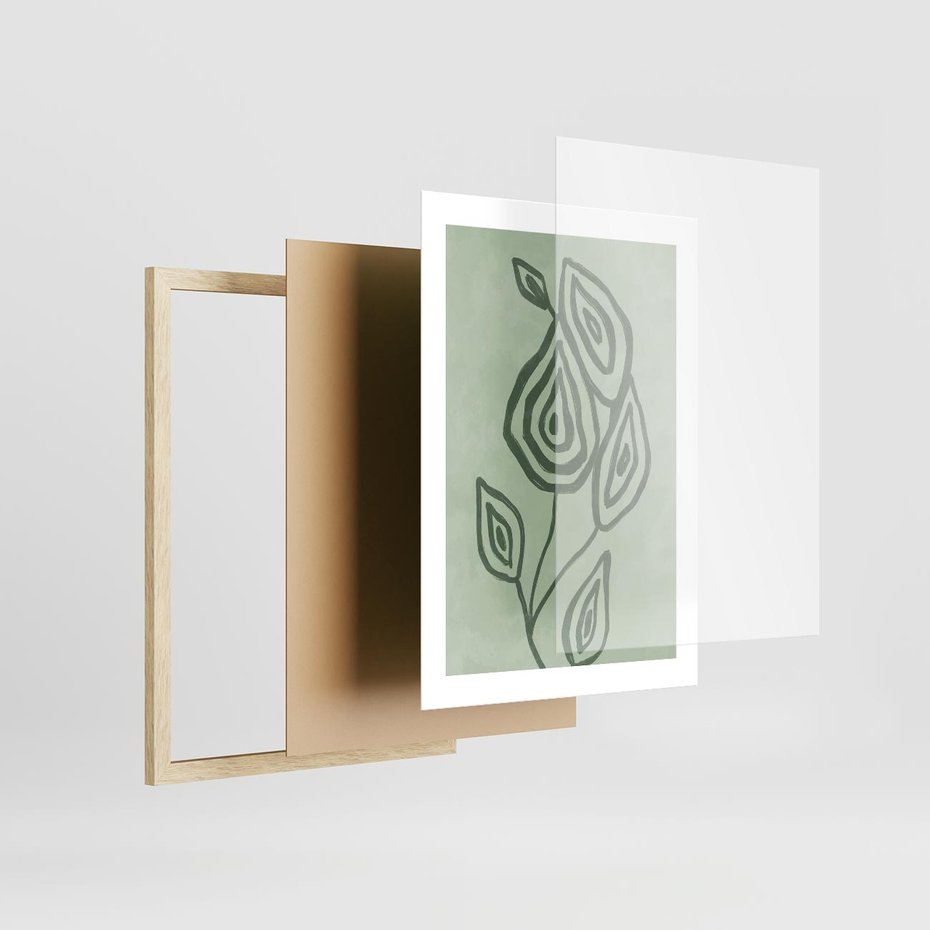 Plakat w ramie 30x40 - Szmaragdowy Oddech - abstrakcyjne delikatne zielone linie, podobne do gałęzi kwiatów - rama drewno
