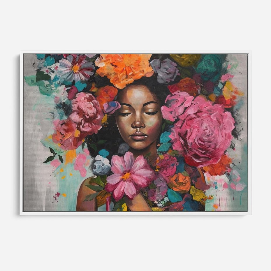 Obraz w ramie 70x50 - Z Głową w Kwiatach - obraz olejny, sztuka nowoczesna - rama biała