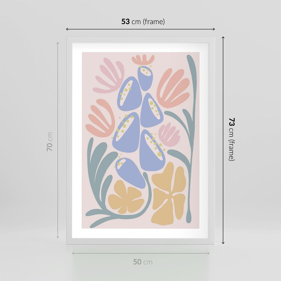 Plakat w ramie 50x70 - Minimalistycznie i Pastelowo - pastelowe kwiaty, na beżowym tle - rama biała