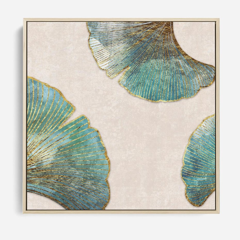 Obraz w ramie 50x50 - Złota Melodia Liści - złote, turkusowe liście miłorzębu - rama drewno