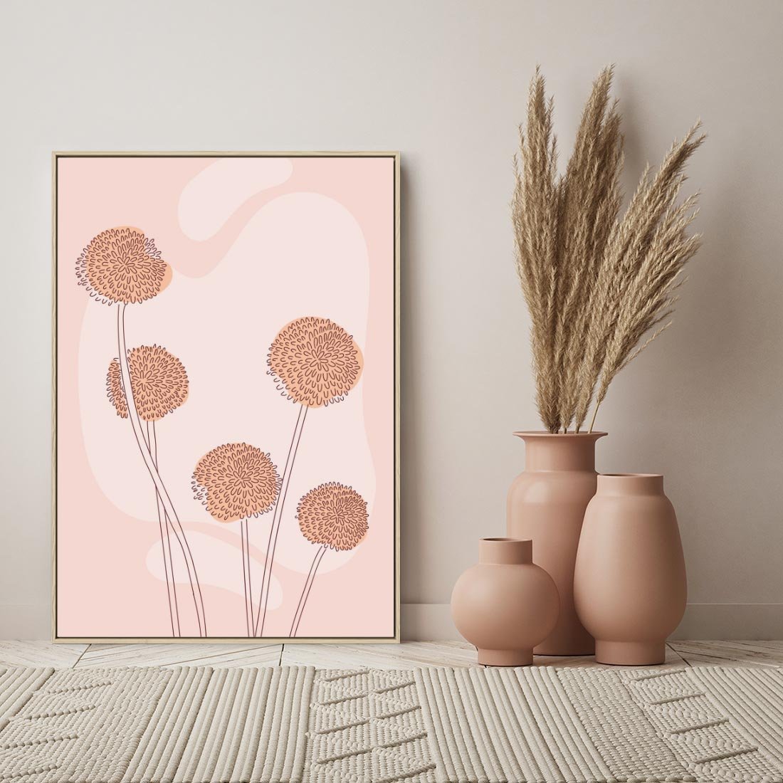 Obraz w ramie 80x120 - Rozkwitające Emocje - minimalistyczny plakat, pudrowe kwiaty - rama drewno