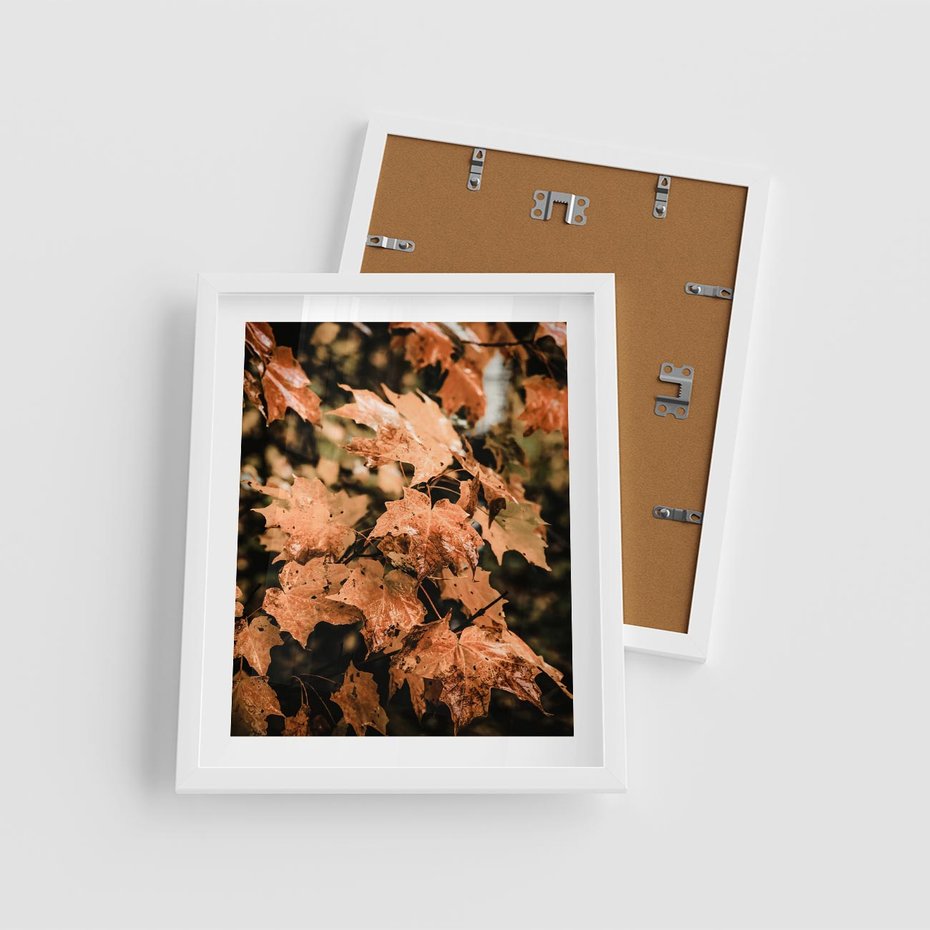 Plakat w ramie 40x50 - Ciepło Jesieni - jesienne pomarańczowe liśćie, jesień - rama biała