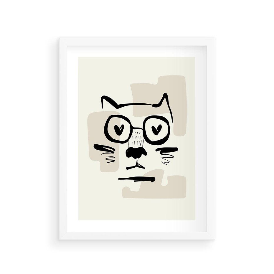 Plakat w ramie 30x40 - Minimalistyczny Kot: Czarna Kreska - kot, grafika - rama biała