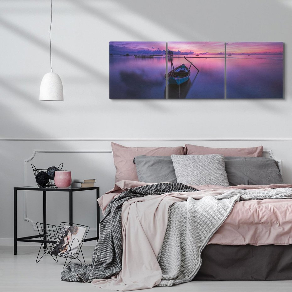 Obraz na płótnie 120x40 - Łódka i zachód słońca nad morzem - łódka, morze