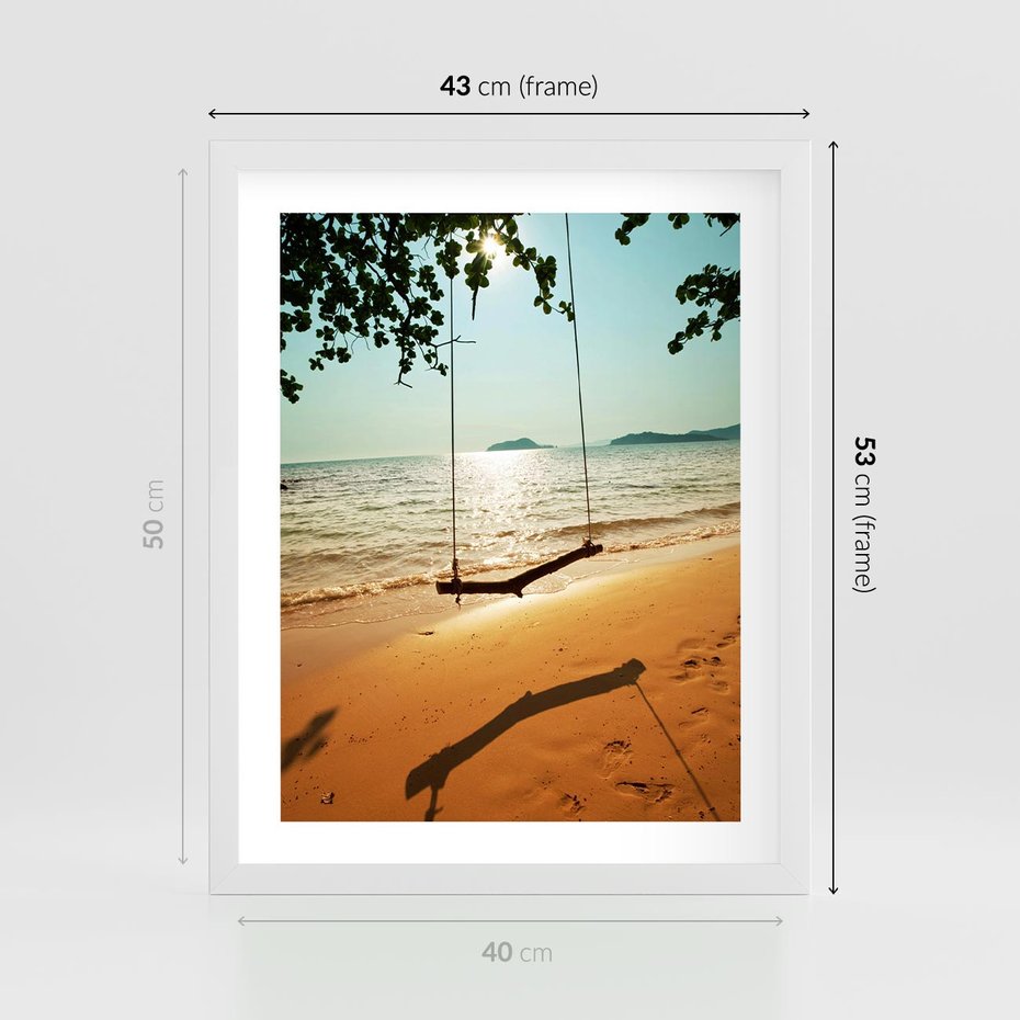 Plakat w ramie 40x50 - Tropikalna plaża i huśtawka - plaża, tropiki - rama biała