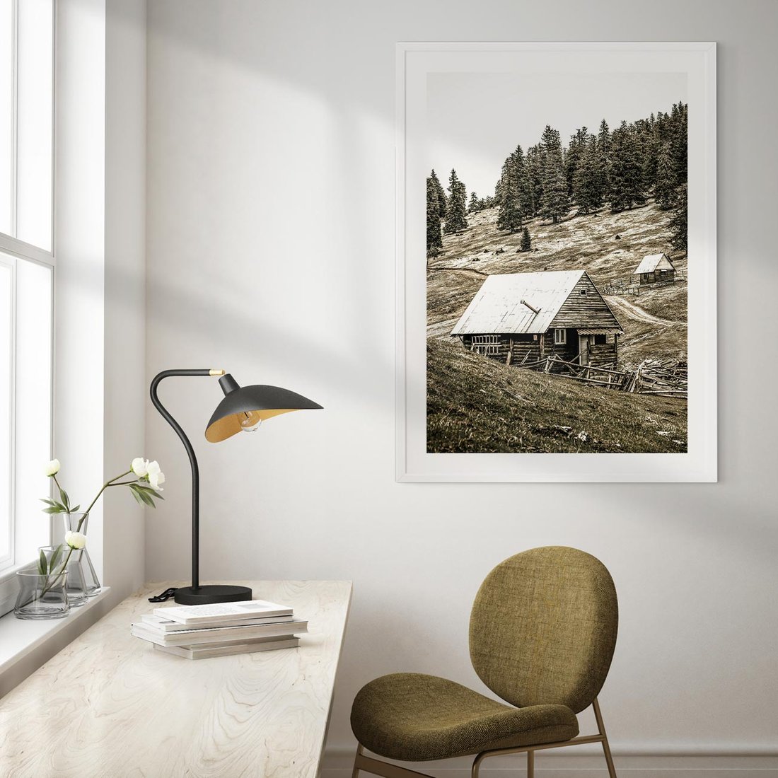 Plakat w ramie 30x40 - Ustronne Chatki w Górach - rustykalne domki w górach, sepia - rama biała