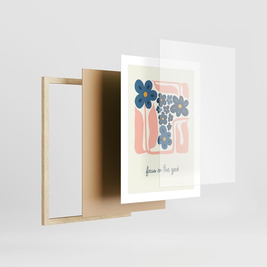 Plakat w ramie 30x40 - Linie kwiatowych marzeń - minimalistyczna kwiatowa kompozycja, pastelowe kolory - rama drewno