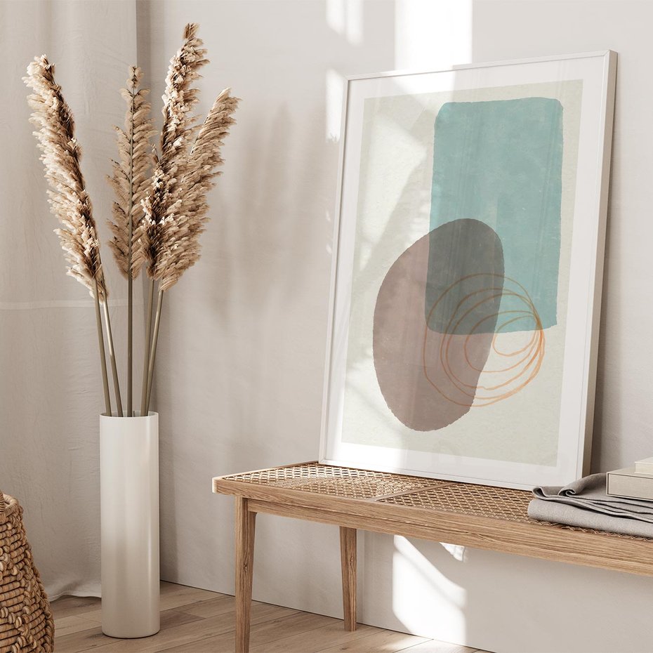 Plakat w ramie 30x40 - Rozkwitające Formy - geometryczne elementy, stonowane ziemiste kolory - rama biała