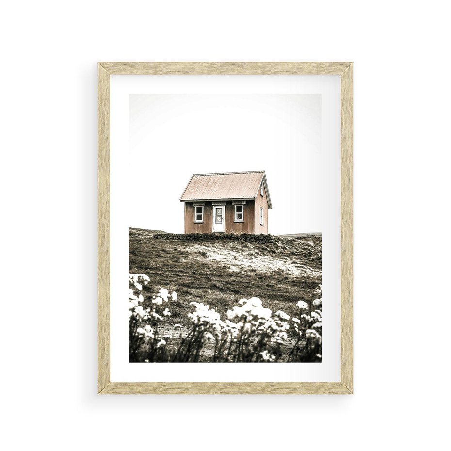 Plakat w ramie 30x40 - Krajobraz z Przeszłości: Kwitnąca Łąka w Sepii - domek na wzgórzu, kwitnąca łąka - rama drewno