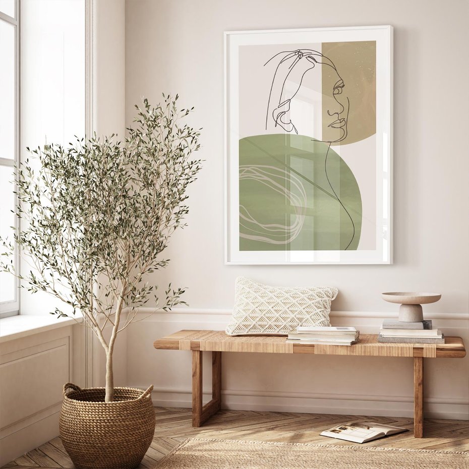 Plakat bez ramy 30x40 - Jedna Linia, Wiele Emocji - akwarelowe plamy, na nich szkic postaci kobiety jedną linią