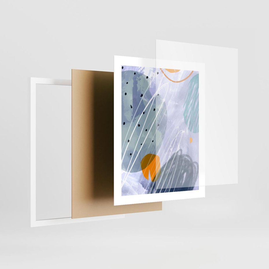 Plakat w ramie 40x50 - Pastelowe Przenikanie - abstrakcyjny plakat do młodzieżowego pokoju, granaty fiolety - rama biała