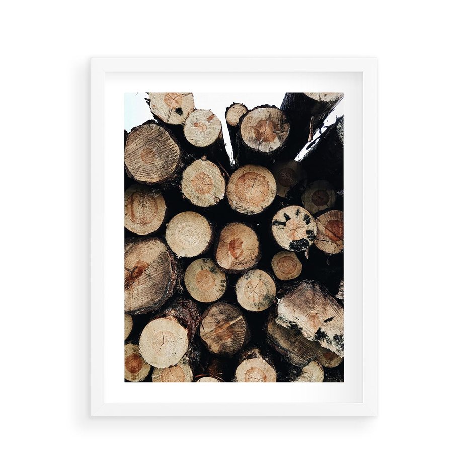 Plakat w ramie 40x50 - Siła Drewna - ścięte drewno, belki drewna ułożone jedna na drugiej - rama biała
