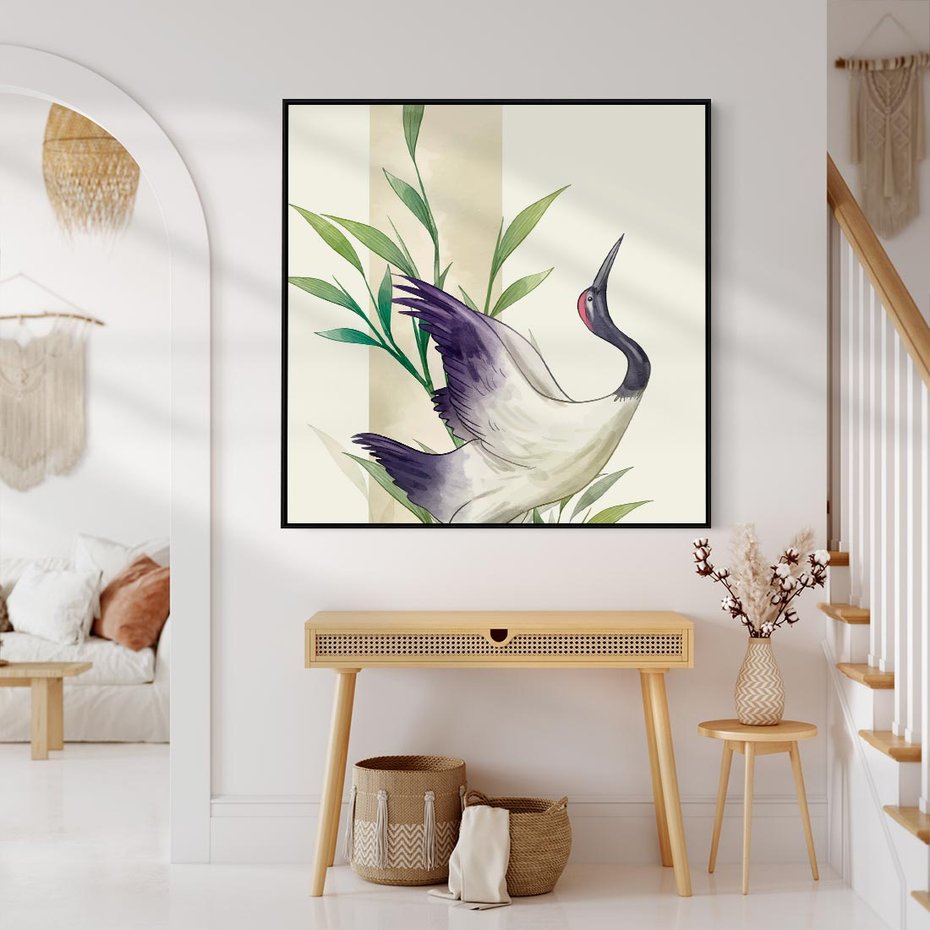 Obraz w ramie 50x50 - Migocące Ptaki - japońska sztuka, ptak - rama czarna