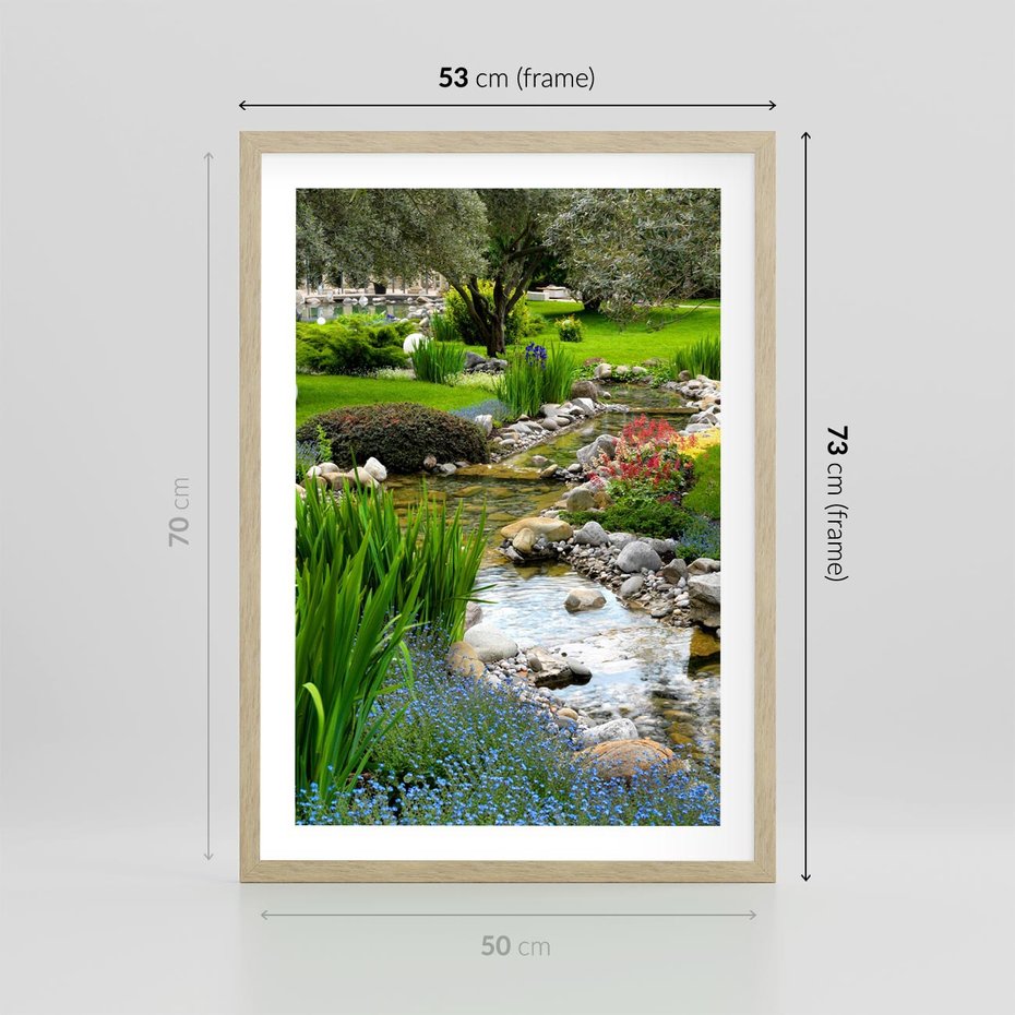 Plakat w ramie 50x70 - Ogródowy Strumyk - strumyk, ogród - rama drewno