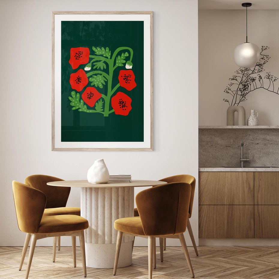 Plakat w ramie 40x50 - Księga Odbić - abstrakcyjna kwiatowa kompozycja, zielone mocne tło - rama drewno