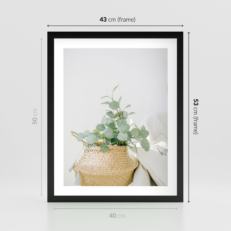 Plakat w ramie 40x50 - Eukaliptusowa Świeżość - eukaliptus, liście w koszu z wikliny - rama czarna