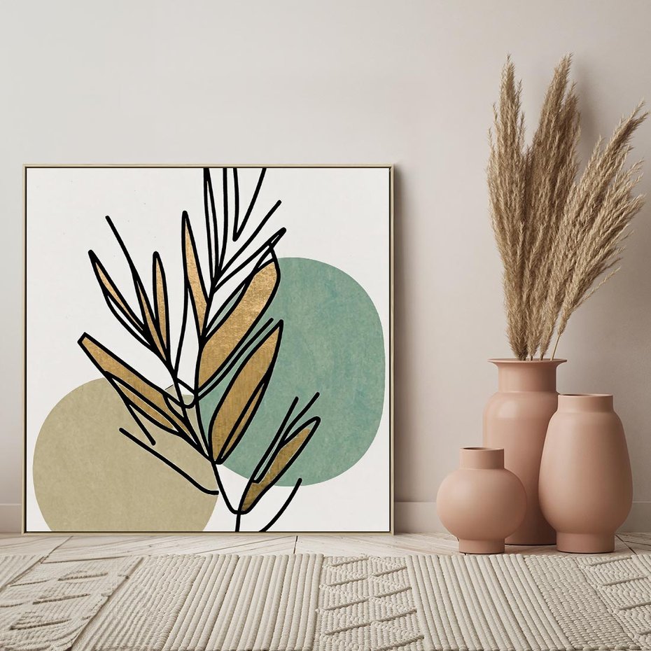 Obraz w ramie 50x50 - Migocące Ścieżki Wizji - abstrakcyjny obraz boho, liście - rama drewno