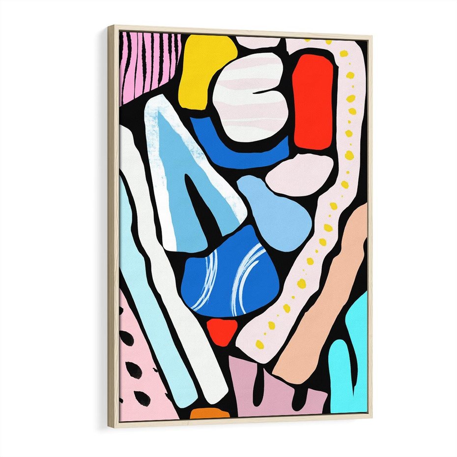 Obraz w ramie 80x120 - Kolory Na Czerni - abstrakcyjne formy, komiksowy styl - rama drewno
