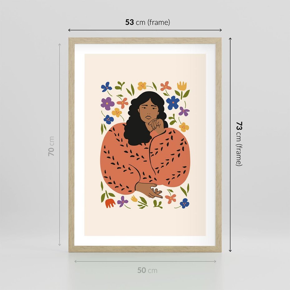Plakat w ramie 50x70 - Rozplątane Emocje - nowoczesny plakat, kobieta otoczona kwiatami - rama drewno