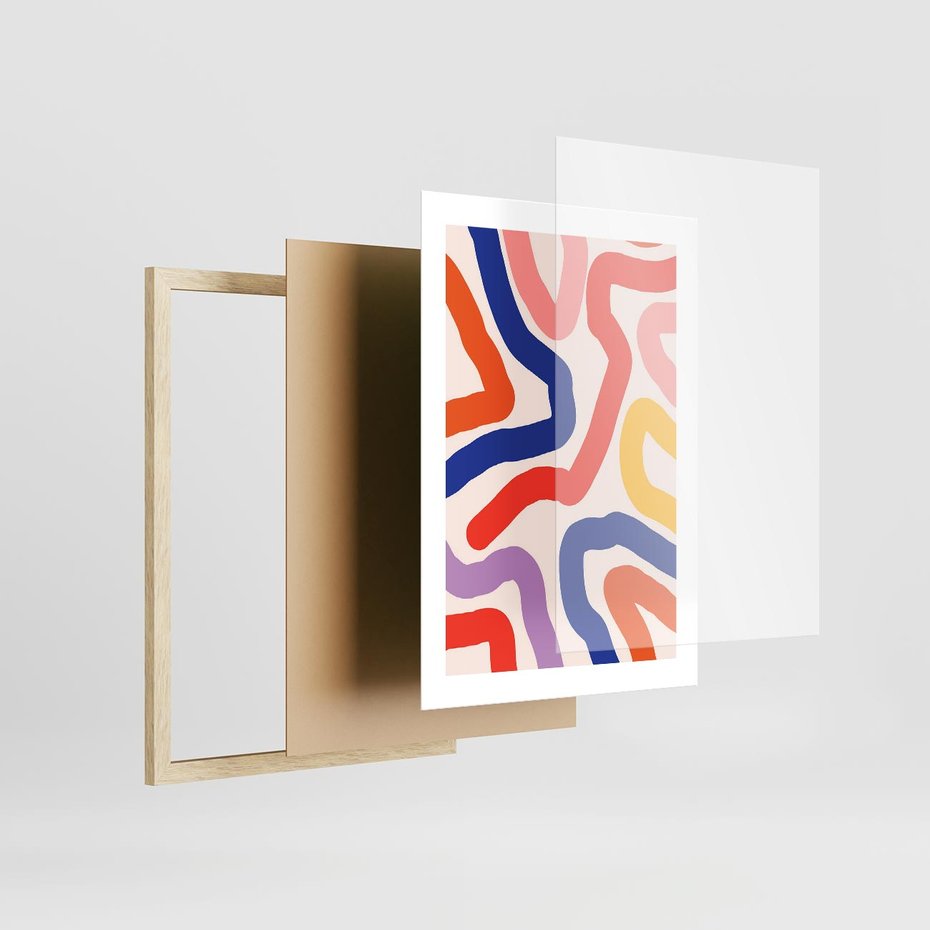 Plakat w ramie 30x40 - Intrygujące Widzenia - abstrakcyjny kolorowy obraz, kolorowe linie - rama drewno