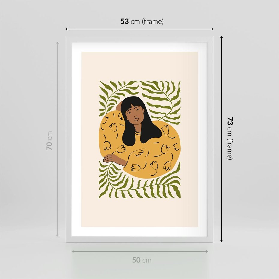 Plakat w ramie 50x70 - Malowane Odbicia Wyobraźni - nowoczesny plakat, kobieta otoczona liśćmi - rama biała
