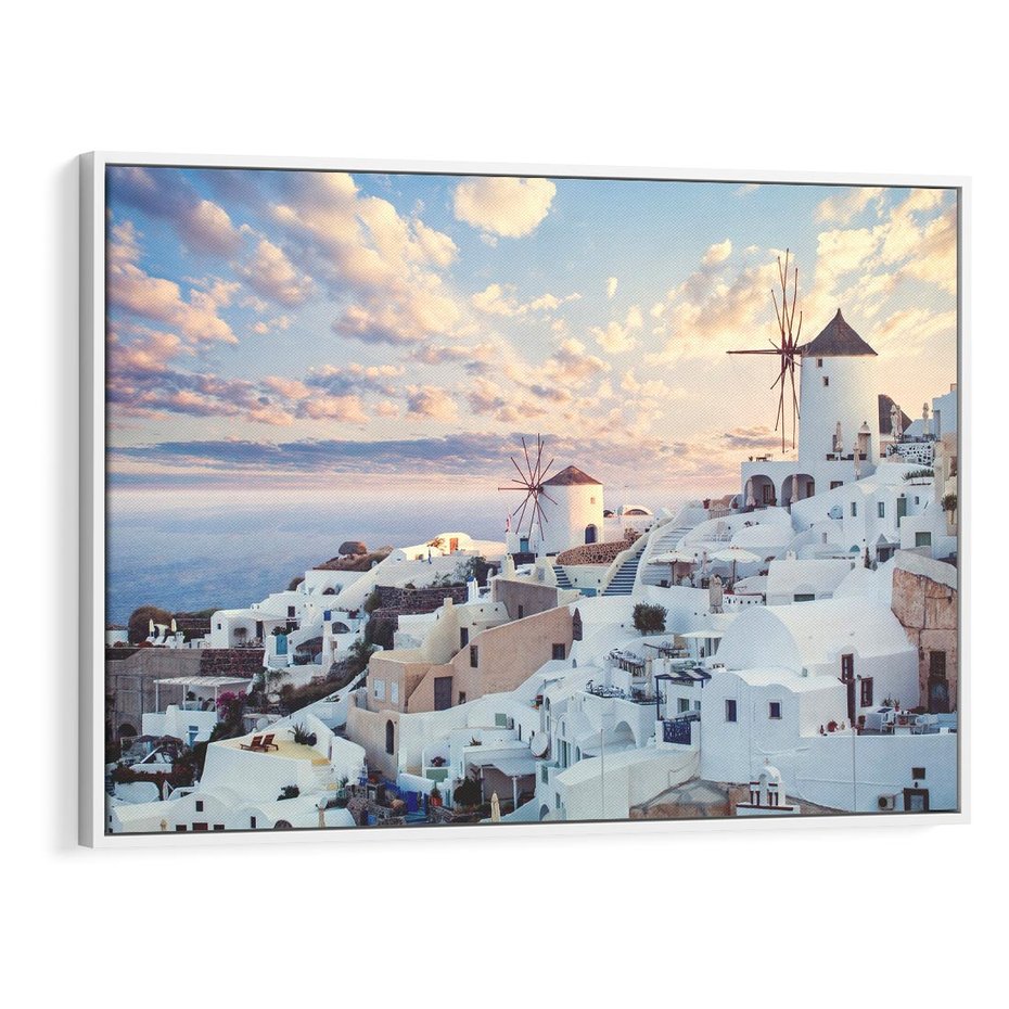 Obraz w ramie 70x50 - Biel ponad Błękitem - Santorini, białe budynki - rama biała