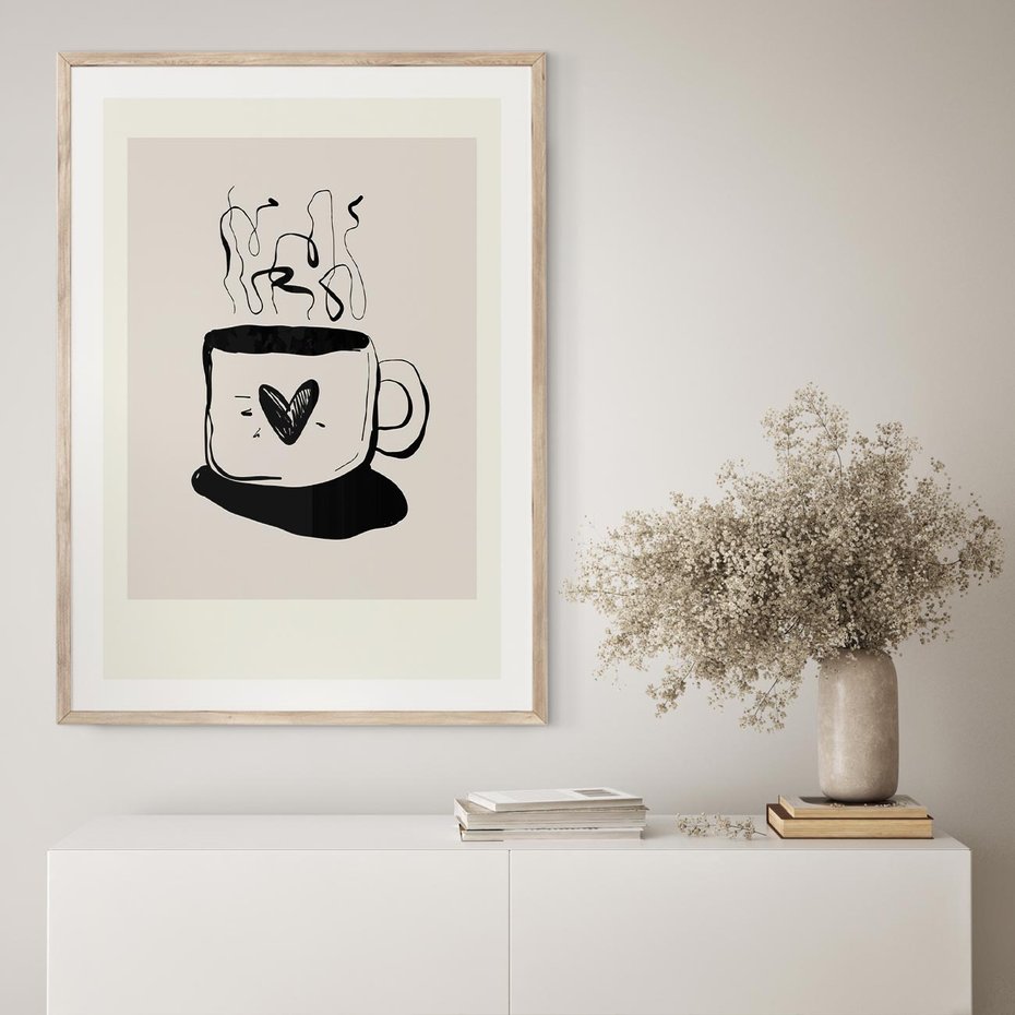 Plakat w ramie 40x50 - Grafika Kubka w Czerni i Bieli - kubek, grafika - rama drewno