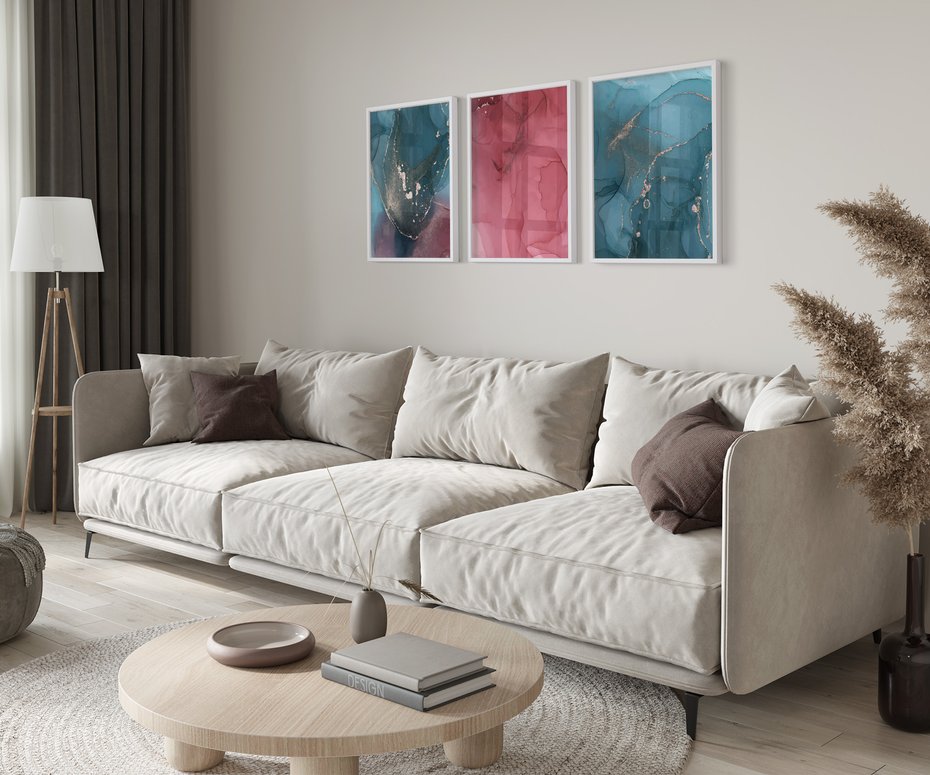 Zestaw obrazy w ramie 50x70 galeria - Marmurowe, złoto, abstrakcja - rama biała