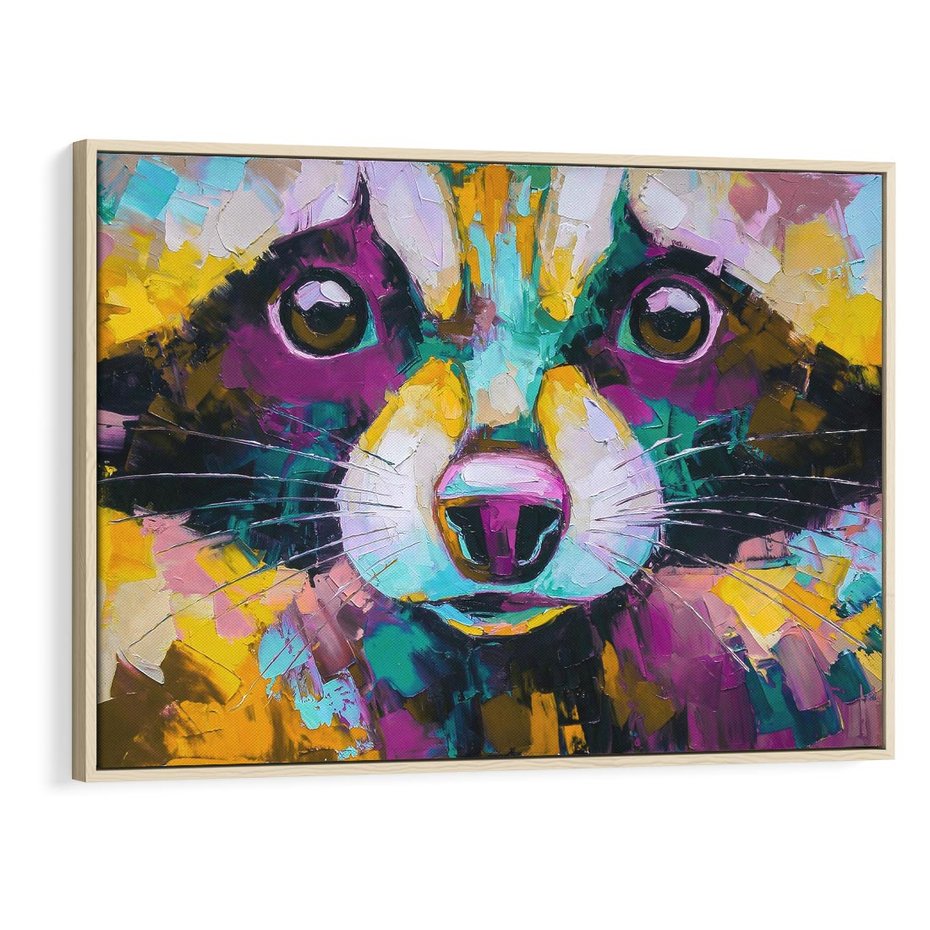 Obraz w ramie 100x70 - Przebudzenie snu artysty - zbliżenie, kolorowy portret szopa pracza - rama drewno