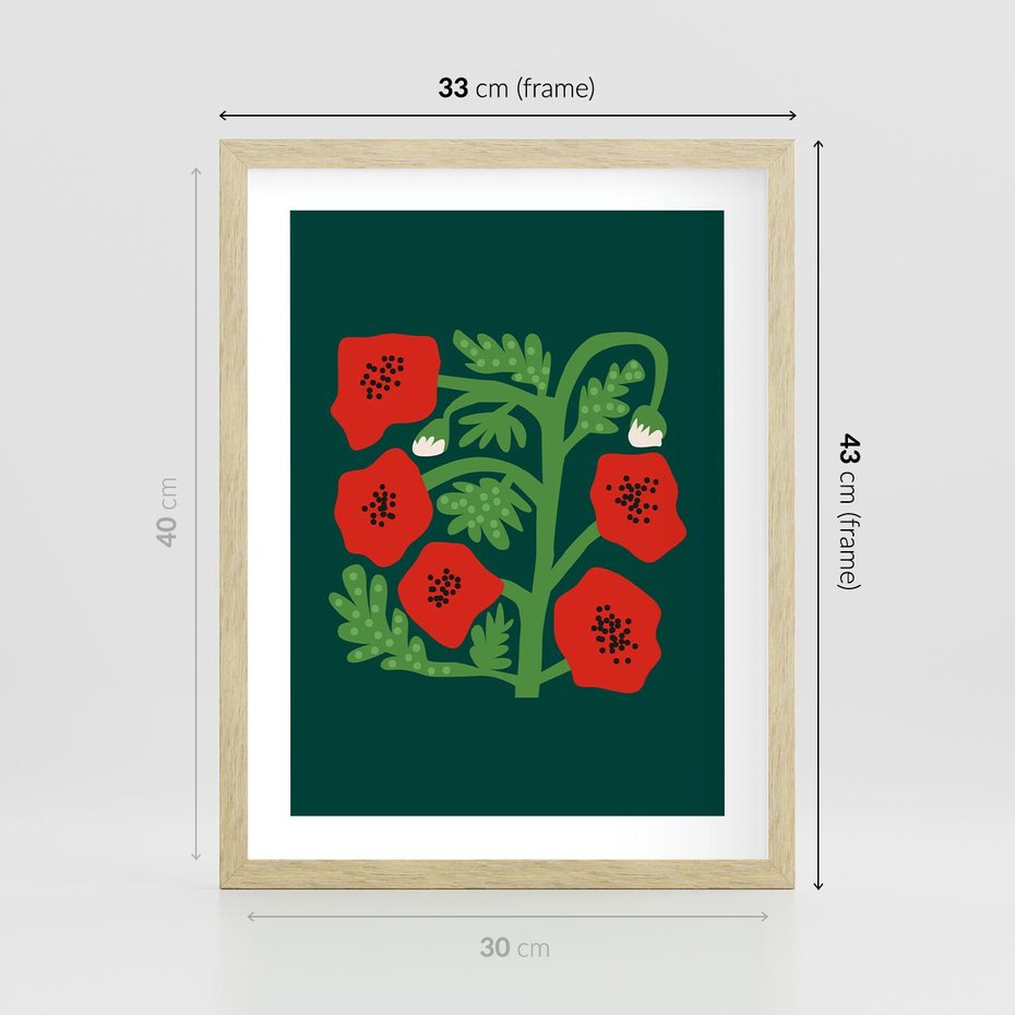 Plakat w ramie 30x40 - Księga Odbić - abstrakcyjna kwiatowa kompozycja, zielone mocne tło - rama drewno