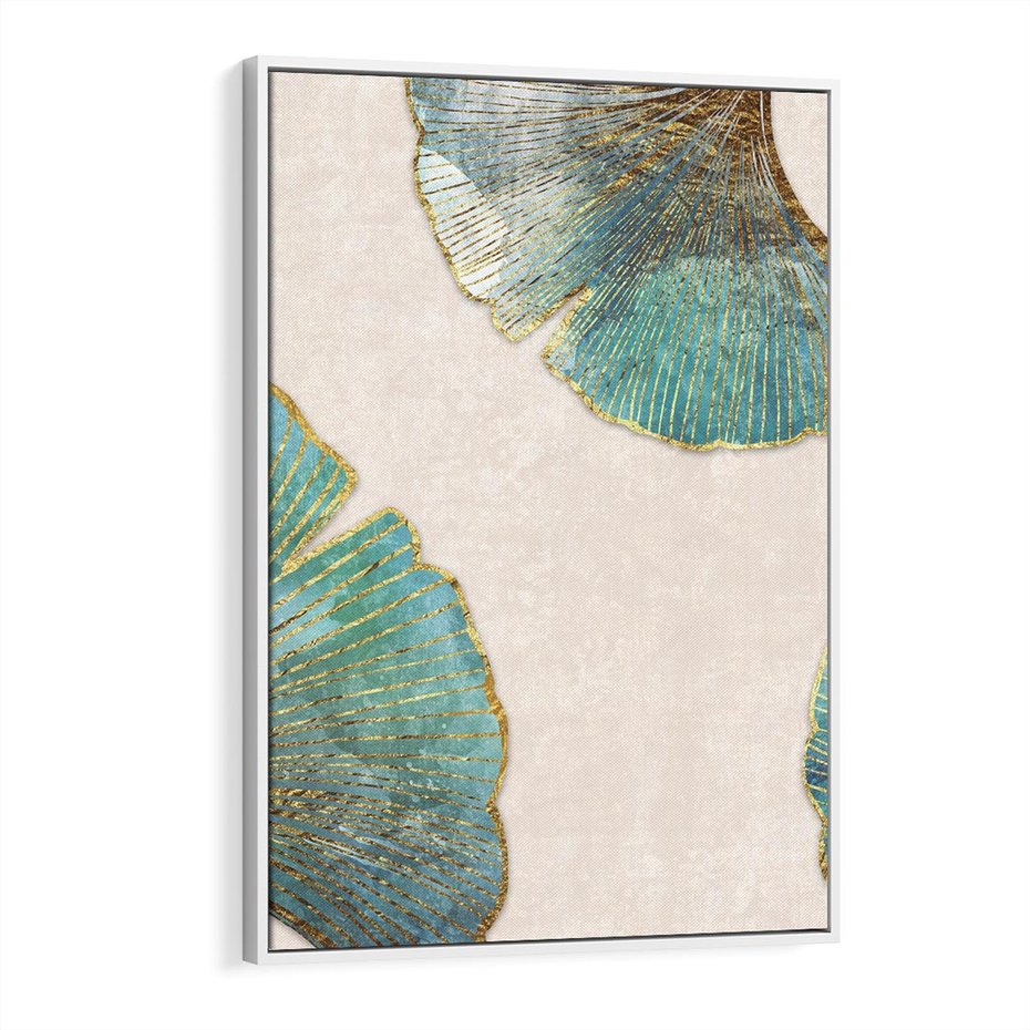 Obraz w ramie 50x70 - Złota Melodia Liści - złote, turkusowe liście miłorzębu - rama biała