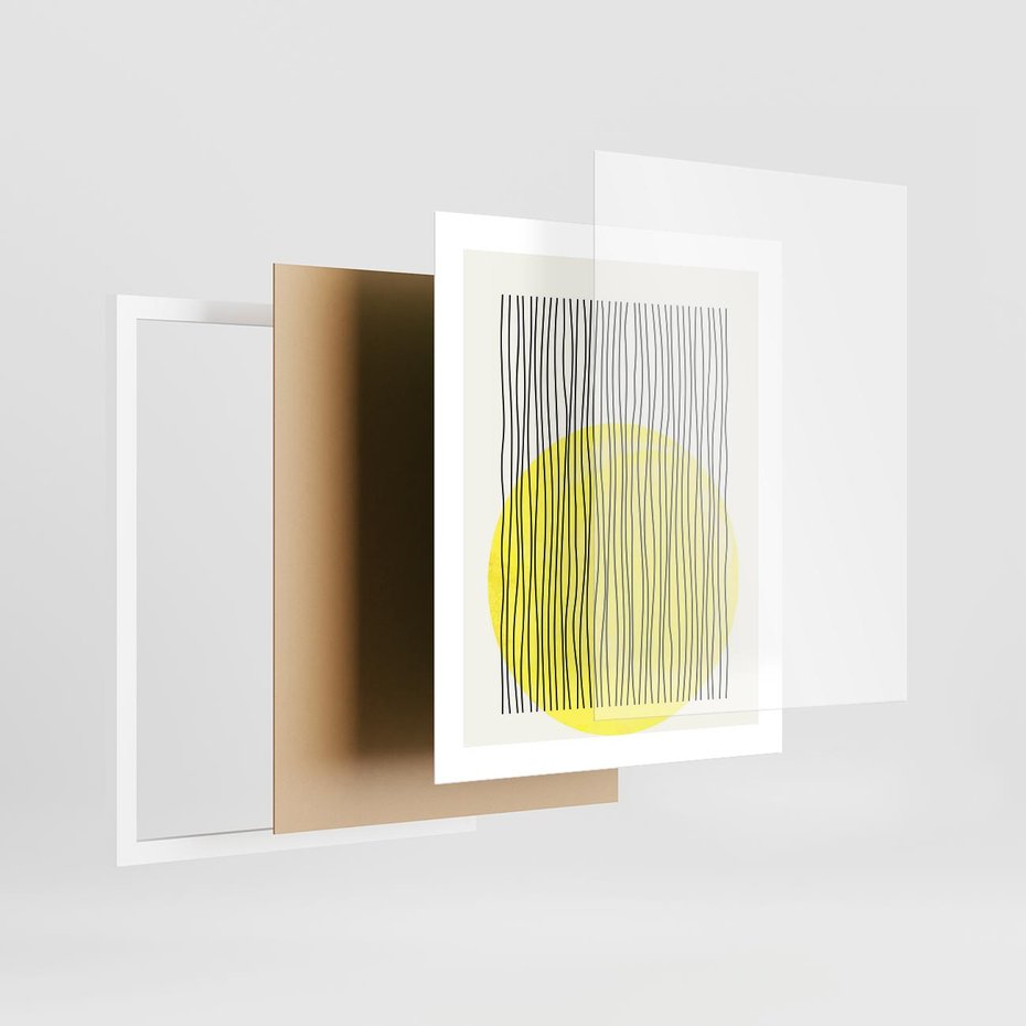 Plakat w ramie 40x50 - Ciepłe Przenikanie - geometria, żółte koło - rama biała