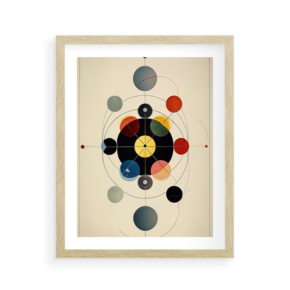 Plakat w ramie 40x50 - Bezgraniczny Taniec Światła - abstrakcyjna geometryczna kompozycja, koła linie - rama drewno