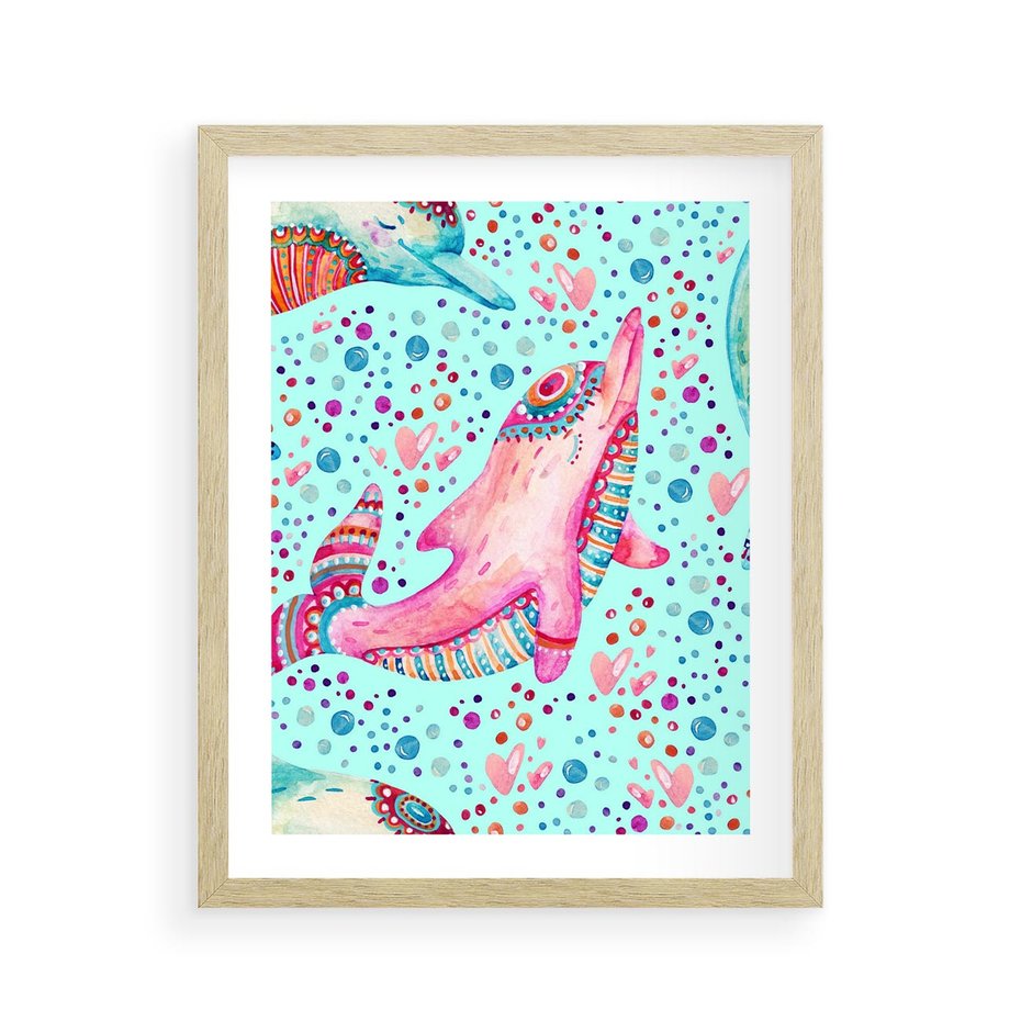 Plakat w ramie 40x50 - Lekkość W Ruchu - delfin, akwarela - rama drewno