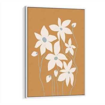 Obraz w ramie 50x70 - Kwiatowy Spektakl - minimalistyczne kwiaty, na pomarańczowym tle - rama biała