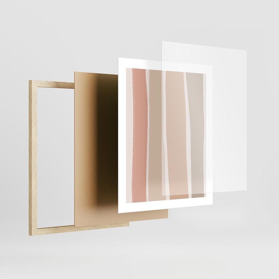 Plakat w ramie 40x50 - Tęczowa Zgaszona Aura - abstakcyjne tęczowe pasy, delikatne odcienie beżu - rama drewno