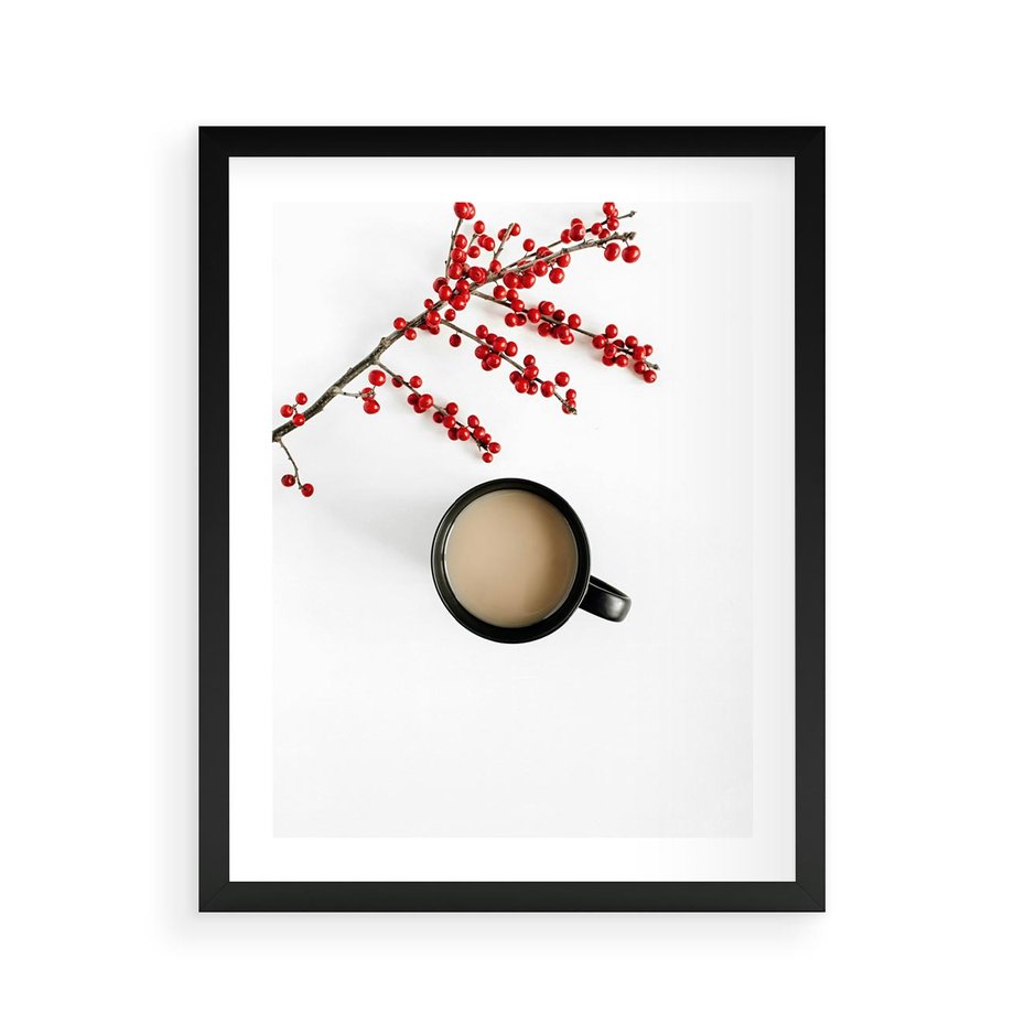 Plakat w ramie 40x50 - Filiżanka Kawy z Gałązką Jarzębiny - kawa, gałązka jarzębiny - rama czarna