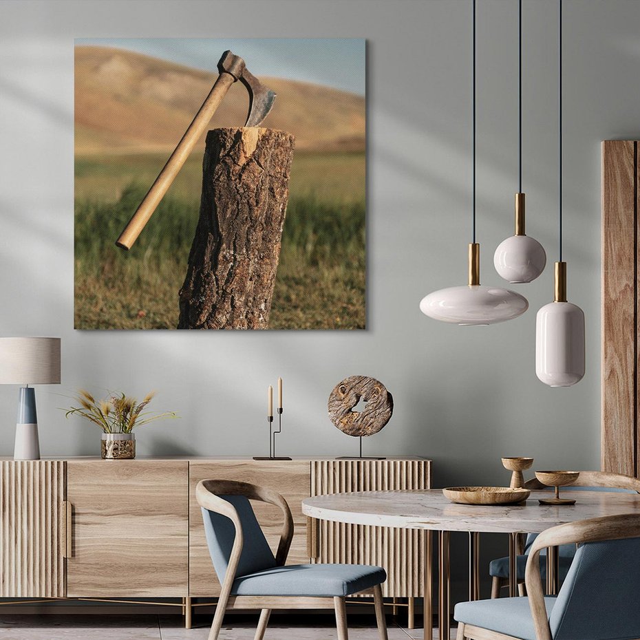 Obraz na płótnie 80x80 - Lasowa siła w drewnie - las, siekiera