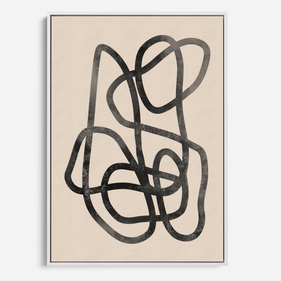 Obraz w ramie 70x100 - Przenikanie Wirtualnych Wymiarów - zaplątane minimalistyczne linie, na bezowym tle - rama biała