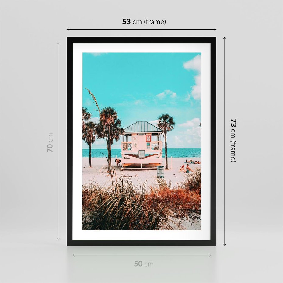 Plakat w ramie 50x70 - Plaża, Palmy i Spokój Miami - budka ratownika, plaża Miami - rama czarna