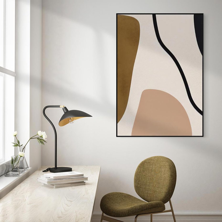 Obraz w ramie 50x70 - Harmonia chaosu i porządku - abstrakcyjne kształty, kolory beżu i brązu - rama czarna