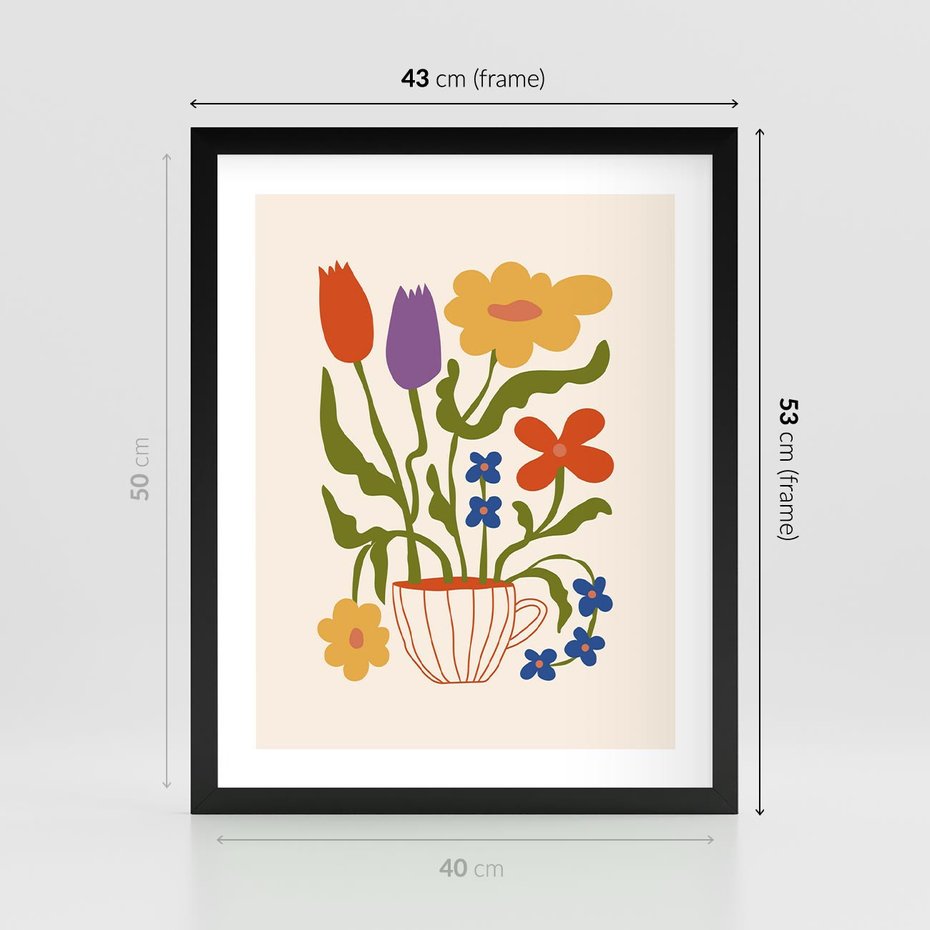 Plakat w ramie 40x50 - Kolorowe Granice - kwiaty w filizance, abstrakcja - rama czarna