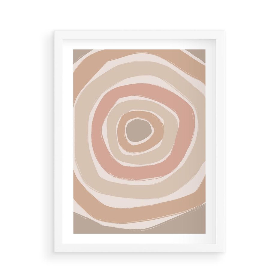 Plakat w ramie 50x70 - Roztopione Granice - abstakcyjne koła, delikatne odcienie beżu - rama biała