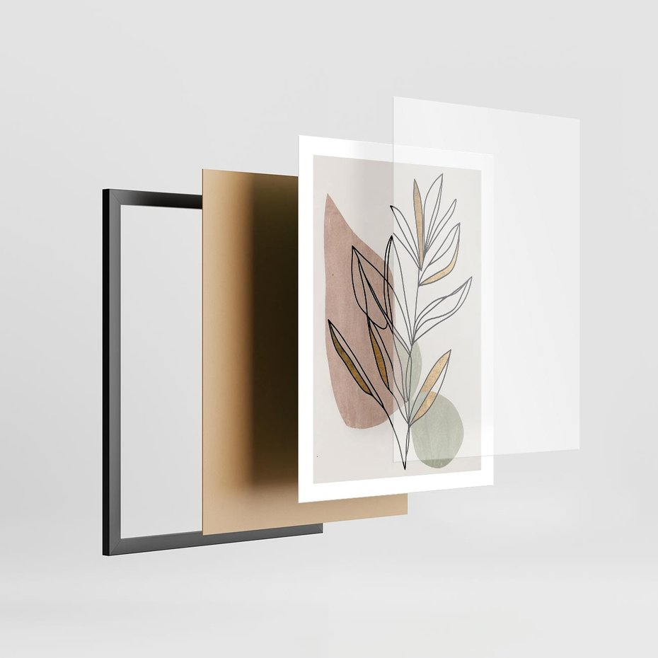 Plakat w ramie 50x70 - Impulsy Subtelnej Harmonii - abstrakcyjny obraz boho, liście - rama czarna