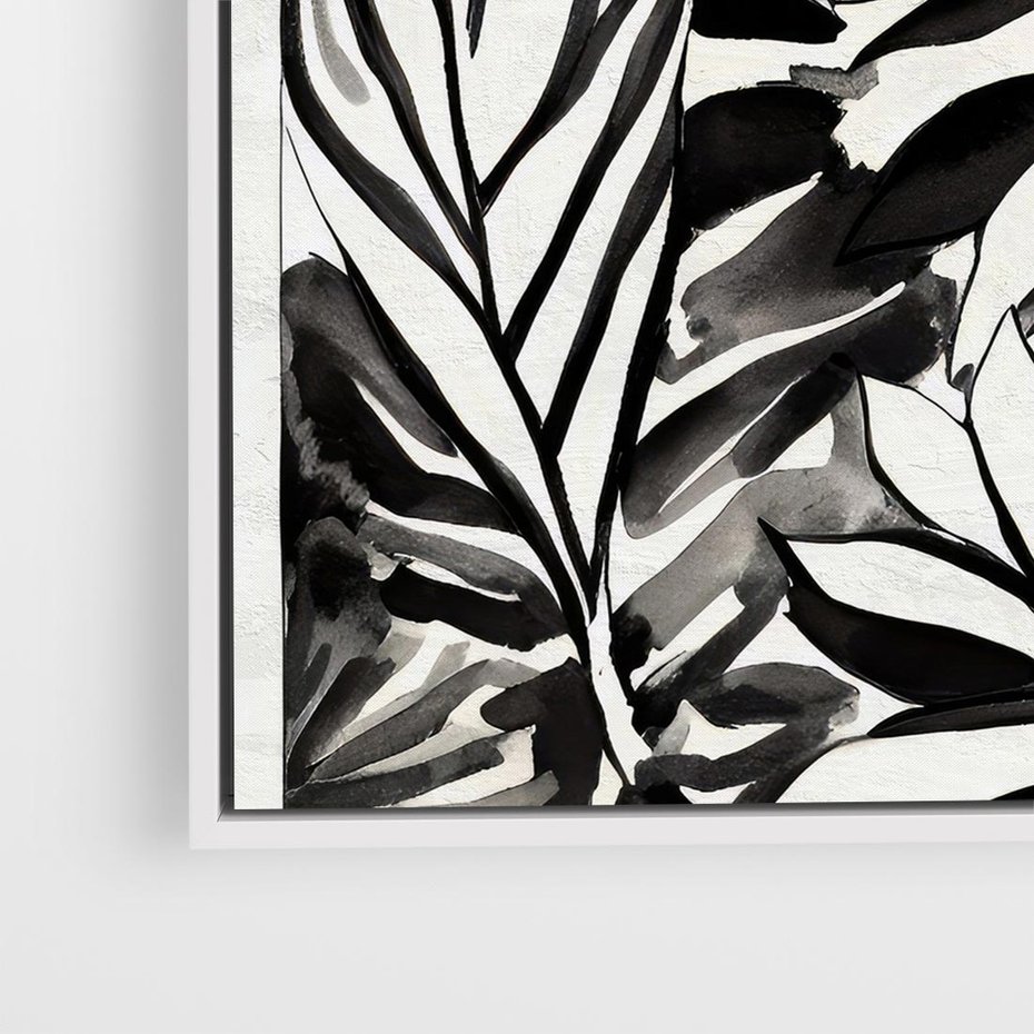 Obraz w ramie 50x50 - Czarne Liście - akwarelowy obraz, czarno biały - rama biała