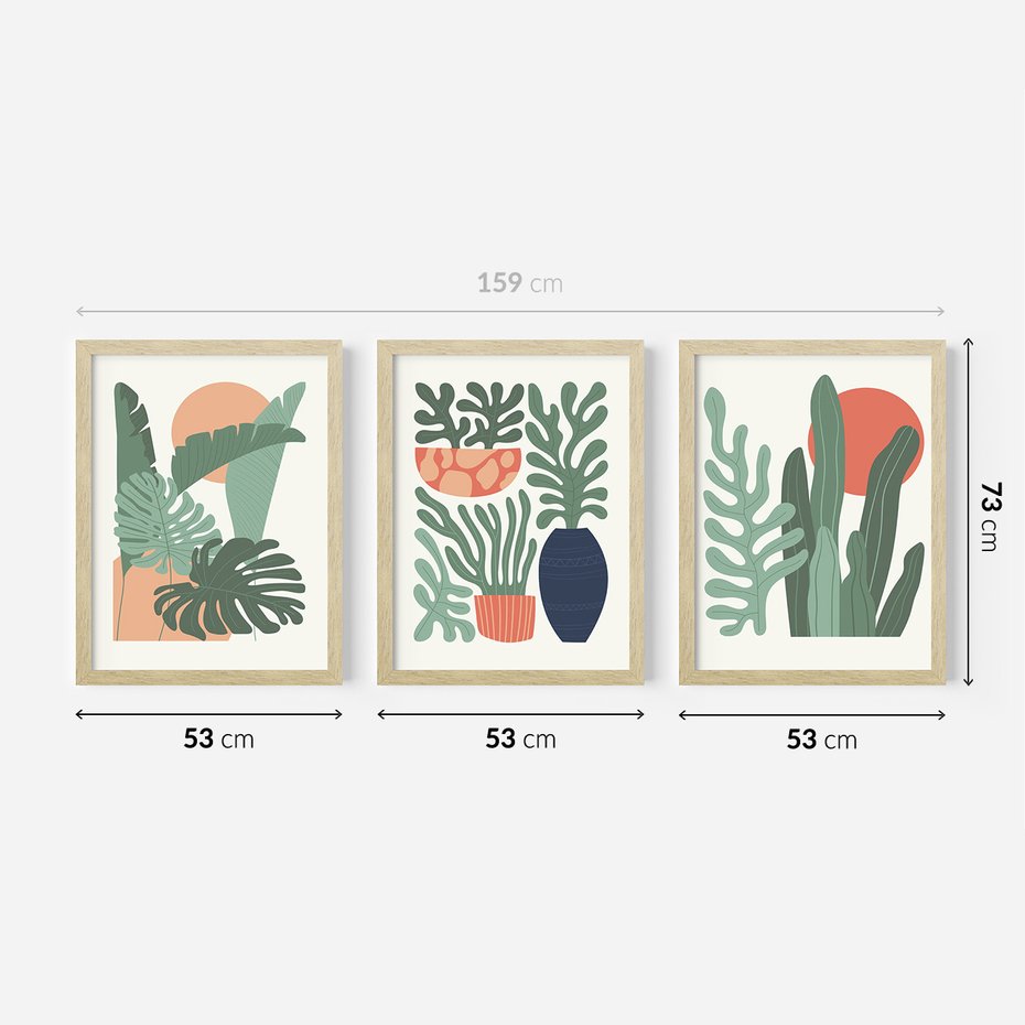 Zestaw obrazy w ramie 50x70 galeria - Liście, graficzne, boho, monstera - rama drewno