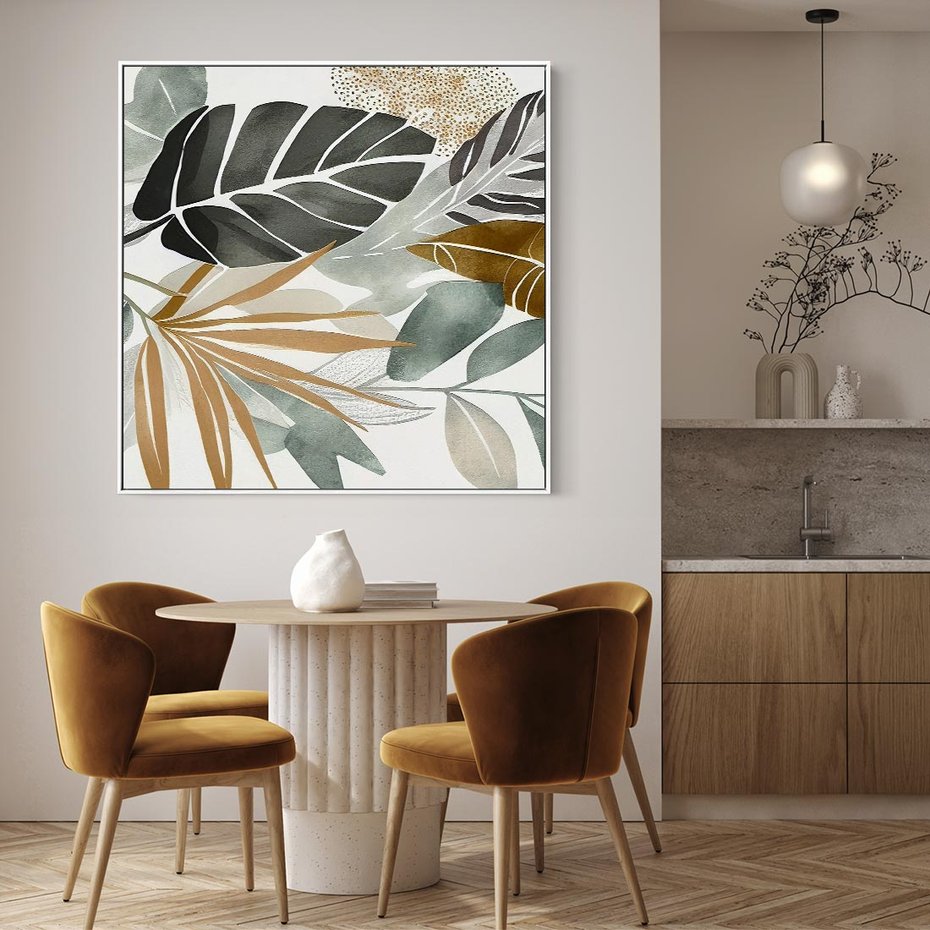 Obraz w ramie 50x50 - Współbrzmienie wewnętrznego ja - kompozycja z tropikalnych liści, stonowane kolory - rama biała